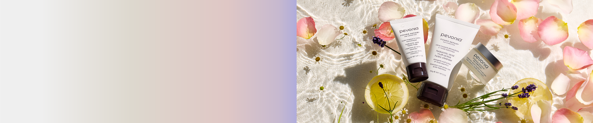 Pevonia's new Hydra Collection - a cleanser, mask and moisturizer lay on a bed of water surrounded by the product ingredients, including lemon slices, Lavender and rose petals